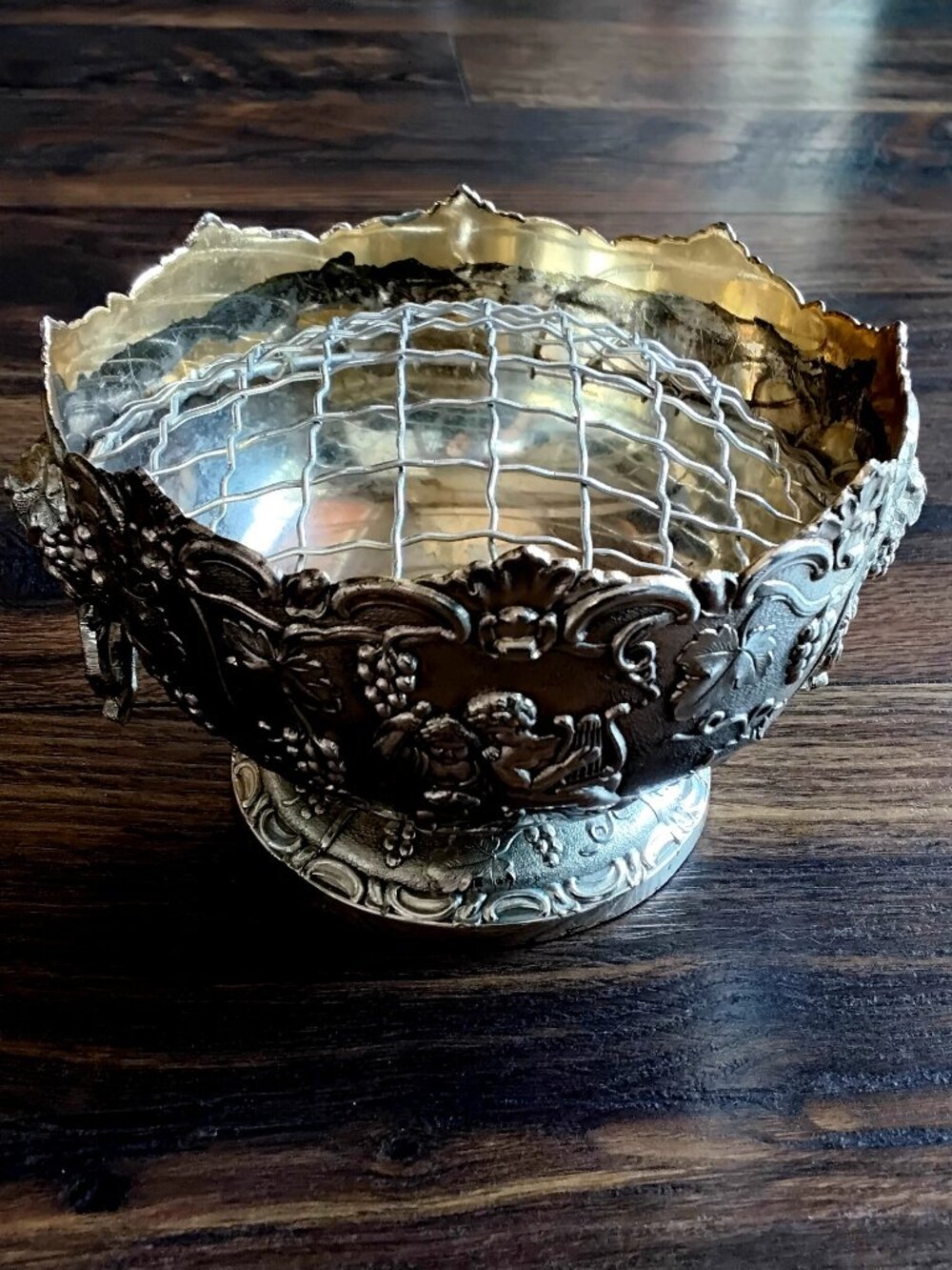 Vintage Silverplated Pedestal Embossed Rose Bowl W/ Flower Frog Insert